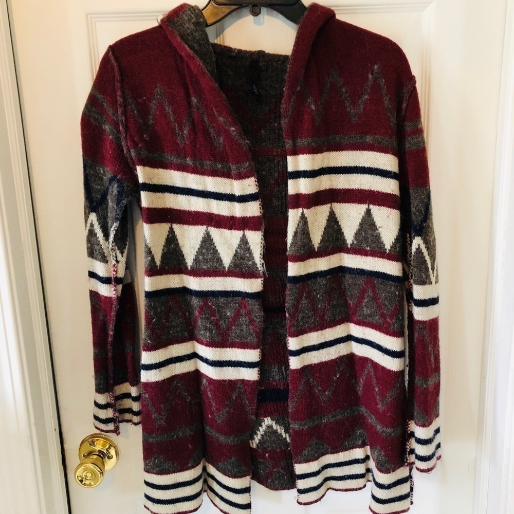 ELAN burgundy Western Aztec wool blend hooded cardigan sweater size small - Picture 5 of 6